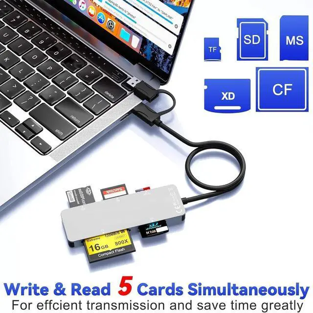 Alt view image 4 of 5 - 6-in-1 Multi-Function Card Reader, USB 3.0 + Type-C Dual Interface Supports CF, XD, MS, SD, M2, TF Cards Simultaneous 5-Slot Reading, Aluminum Alloy For PC, Laptop, Android Phone