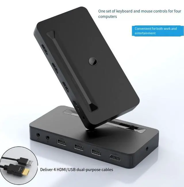 Alt view image 4 of 4 - 4-Port 4K HDMI KVM Switch, 4-in-1 Out with USB & Audio Sharing Control 4 Computers/PS4/Xbox with 1 Monitor, 3 USB Devices, 1 Audio Set 4K@30Hz, Button + Wired Remote Switching Plug & Play