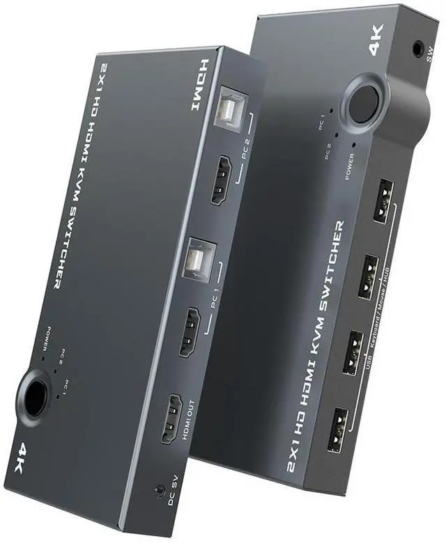 Main image of KVM503 2-Port 4K HDMI KVM Switch, 4K@60Hz, 2-in-1 Out Share 1 Monitor, 4 USB Devices, Keyboard, Mouse Between 2 Computers USB Hub with 4 Ports, Button Switching Plug & Play