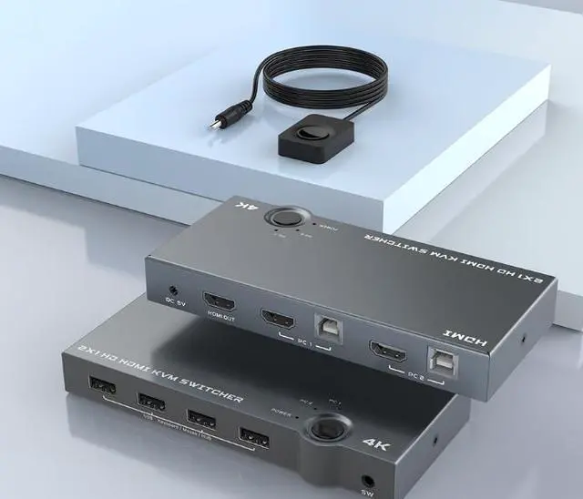 Alt view image 3 of 4 - KVM503 2-Port 4K HDMI KVM Switch, 4K@60Hz, 2-in-1 Out Share 1 Monitor, 4 USB Devices, Keyboard, Mouse Between 2 Computers USB Hub with 4 Ports, Button Switching Plug & Play