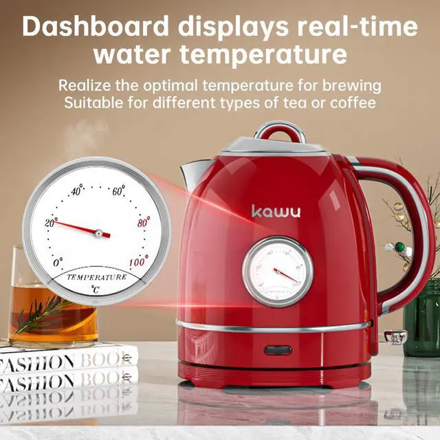 Alt view image 3 of 7 - Kawu Electric Kettle 1.3L Retro Electric Tea Kettle with 304 Stainless Steel Electric Kettle with Thermometer, LED Indicator, Auto Shutoff and Boil-Dry Function