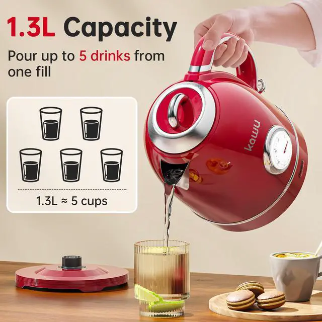 Alt view image 2 of 7 - Kawu Electric Kettle 1.3L Retro Electric Tea Kettle with 304 Stainless Steel Electric Kettle with Thermometer, LED Indicator, Auto Shutoff and Boil-Dry Function