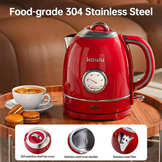 Alt view image 4 of 7 - Kawu Electric Kettle 1.3L Retro Electric Tea Kettle with 304 Stainless Steel Electric Kettle with Thermometer, LED Indicator, Auto Shutoff and Boil-Dry Function