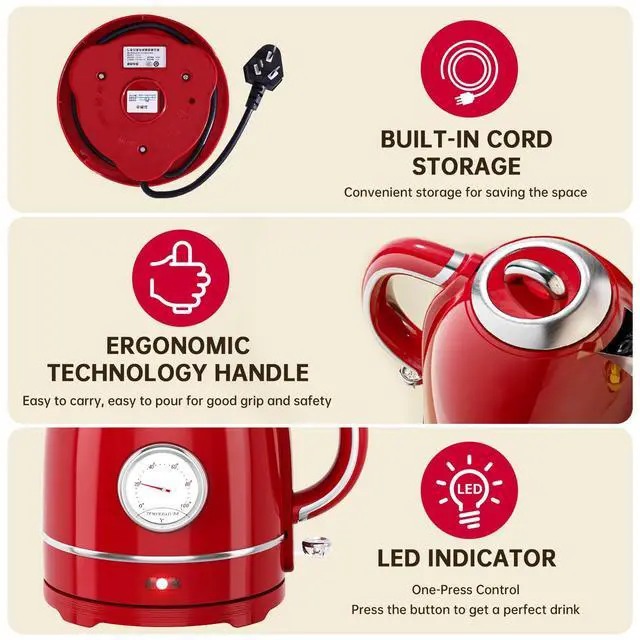 Alt view image 6 of 7 - Kawu Electric Kettle 1.3L Retro Electric Tea Kettle with 304 Stainless Steel Electric Kettle with Thermometer, LED Indicator, Auto Shutoff and Boil-Dry Function