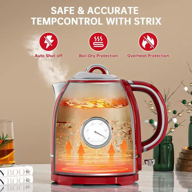 Alt view image 7 of 7 - Kawu Electric Kettle 1.3L Retro Electric Tea Kettle with 304 Stainless Steel Electric Kettle with Thermometer, LED Indicator, Auto Shutoff and Boil-Dry Function
