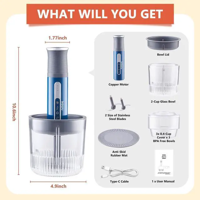 Alt view image 2 of 7 - Kawu Electric food chopper, vegetable grinder, blender, glass transparent bowl, wireless rechargeable