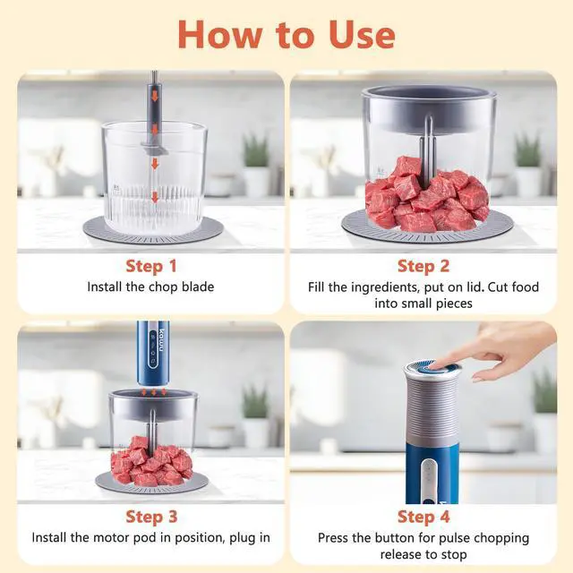 Alt view image 6 of 7 - Kawu Electric food chopper, vegetable grinder, blender, glass transparent bowl, wireless rechargeable