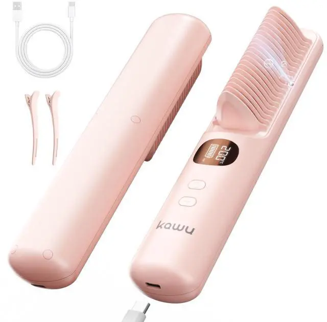 Main image of Kawu Hair straightener, women's hair straightener, ring-shaped hair straightener, fast heating, anti-scalding hair straightener, negative ions, 5 temperature settings, 30-second fast heating, pink