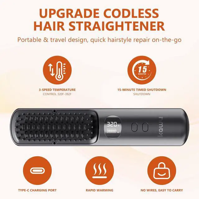Alt view image 2 of 7 - KawuHair straightening comb, hair straightening comb, 5-speed temperature control, negative ion, wireless, fast heating, gray