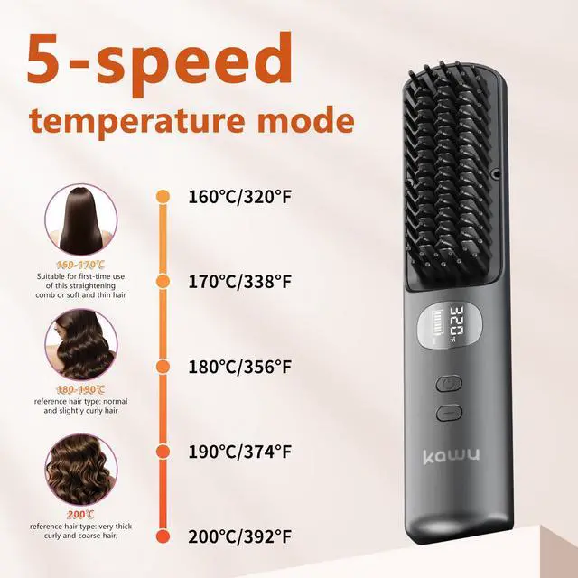Alt view image 4 of 7 - KawuHair straightening comb, hair straightening comb, 5-speed temperature control, negative ion, wireless, fast heating, gray