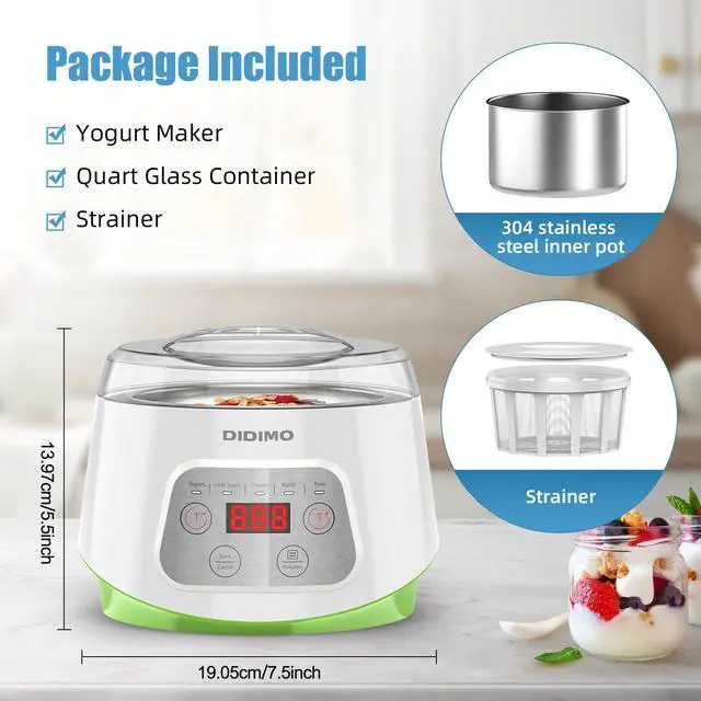 Alt view image 4 of 7 - DIDImo Yogurt maker, Greek yogurt maker, with 304 stainless steel inner pot and filter, with digital display and controller, can make yogurt, Greek yogurt, rice wine