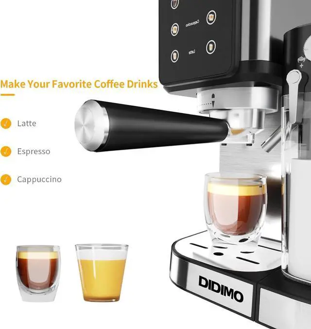 Alt view image 3 of 7 - DIDImo Cappuccino coffee machine with milk frother, espresso machine, 304 stainless steel, 20 bar pressure system, double heating system, can make cappuccino, American, latte, etc.