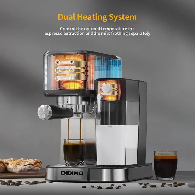 Alt view image 6 of 7 - DIDImo Cappuccino coffee machine with milk frother, espresso machine, 304 stainless steel, 20 bar pressure system, double heating system, can make cappuccino, American, latte, etc.