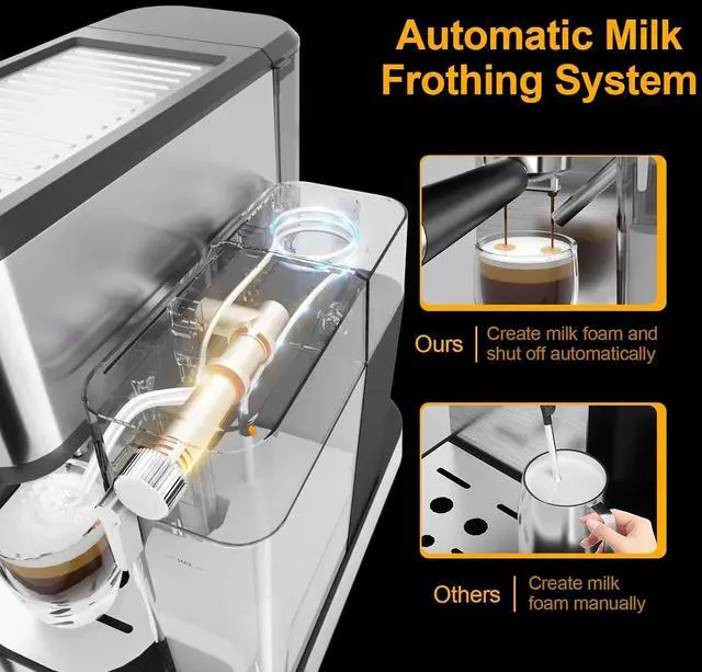Alt view image 5 of 7 - DIDImo Cappuccino coffee machine with milk frother, espresso machine, 304 stainless steel, 20 bar pressure system, double heating system, can make cappuccino, American, latte, etc.