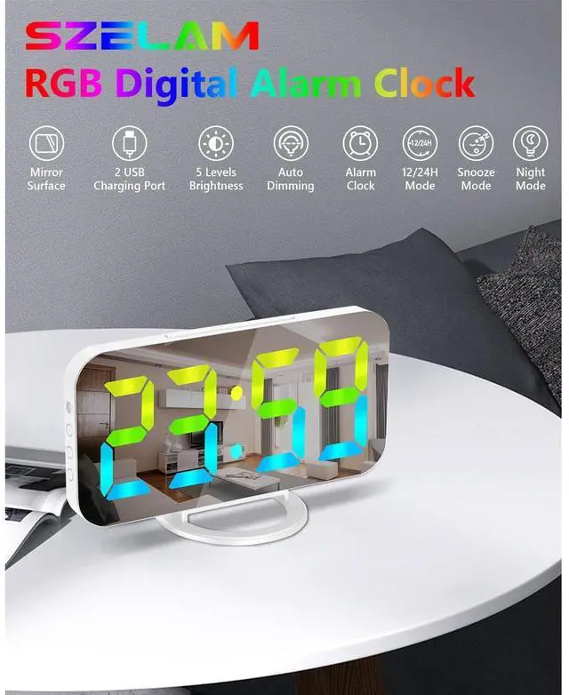 Alt view image 2 of 6 - Eyesoul Digital Alarm Clock,LED RGB Colorful Clocks,with Mirror Surface Large Display,2 USB Charger Ports,Auto Dimming,Modern Desk Clock for Bedroom Home Office Decor- White