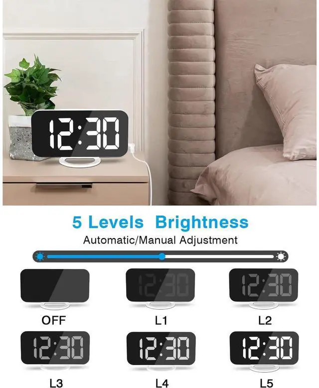 Alt view image 5 of 6 - Eyesoul Digital Alarm Clock,LED RGB Colorful Clocks,with Mirror Surface Large Display,2 USB Charger Ports,Auto Dimming,Modern Desk Clock for Bedroom Home Office Decor- White