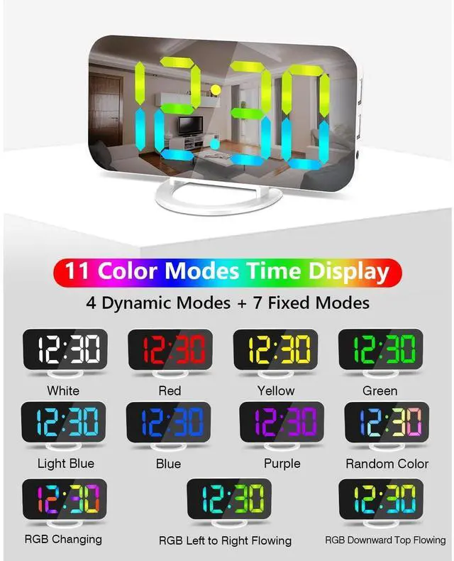 Alt view image 3 of 6 - Eyesoul Digital Alarm Clock,LED RGB Colorful Clocks,with Mirror Surface Large Display,2 USB Charger Ports,Auto Dimming,Modern Desk Clock for Bedroom Home Office Decor- White