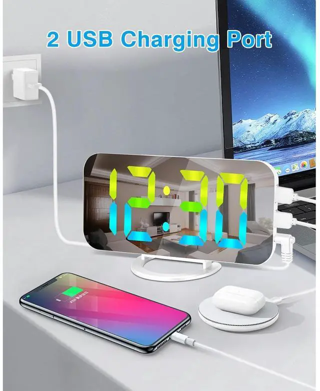 Alt view image 4 of 6 - Eyesoul Digital Alarm Clock,LED RGB Colorful Clocks,with Mirror Surface Large Display,2 USB Charger Ports,Auto Dimming,Modern Desk Clock for Bedroom Home Office Decor- White