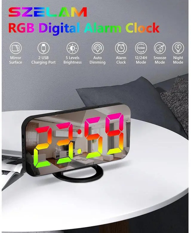 Alt view image 2 of 6 - Eyesoul LED RGB Digital Alarm Clock,with 11 Color Modes Display,Mirror Surface,Dual USB Charger Ports,Modern Desk Clocks for Bedroom Home Office Decor- Black