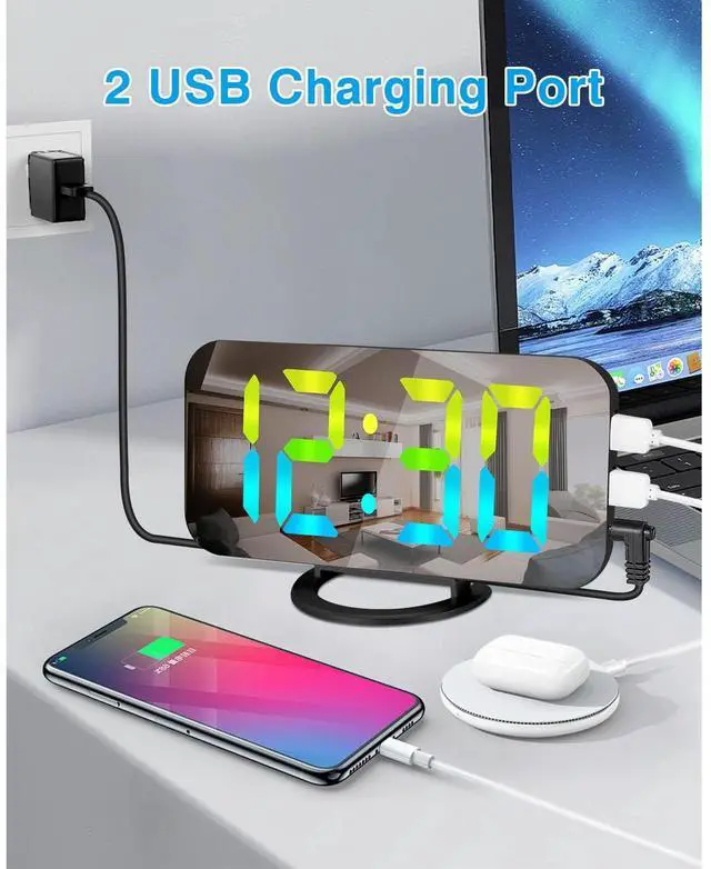 Alt view image 4 of 6 - Eyesoul LED RGB Digital Alarm Clock,with 11 Color Modes Display,Mirror Surface,Dual USB Charger Ports,Modern Desk Clocks for Bedroom Home Office Decor- Black