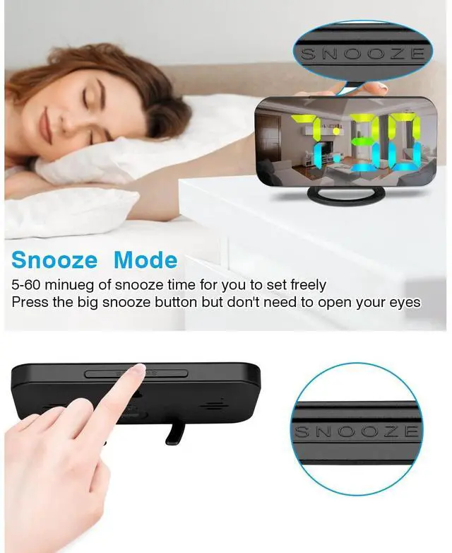 Alt view image 6 of 6 - Eyesoul LED RGB Digital Alarm Clock,with 11 Color Modes Display,Mirror Surface,Dual USB Charger Ports,Modern Desk Clocks for Bedroom Home Office Decor- Black