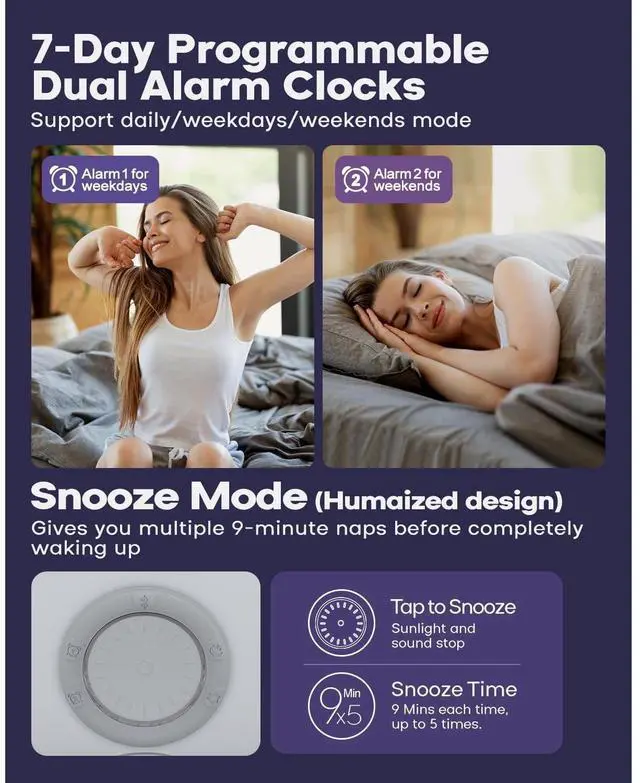 Alt view image 3 of 6 - Eyesoul Smart Sunrise Alarm Clock, App Control, Bluetooth Speaker w/White Noise Sound Machine, Wake up Light Sunlight Sunset Lamp, Night Light for Bedrooms, Alarms for Heavy Sleepers Kids & Adults