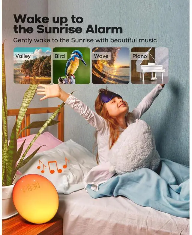 Alt view image 2 of 6 - Eyesoul Smart Sunrise Alarm Clock, App Control, Bluetooth Speaker w/White Noise Sound Machine, Wake up Light Sunlight Sunset Lamp, Night Light for Bedrooms, Alarms for Heavy Sleepers Kids & Adults