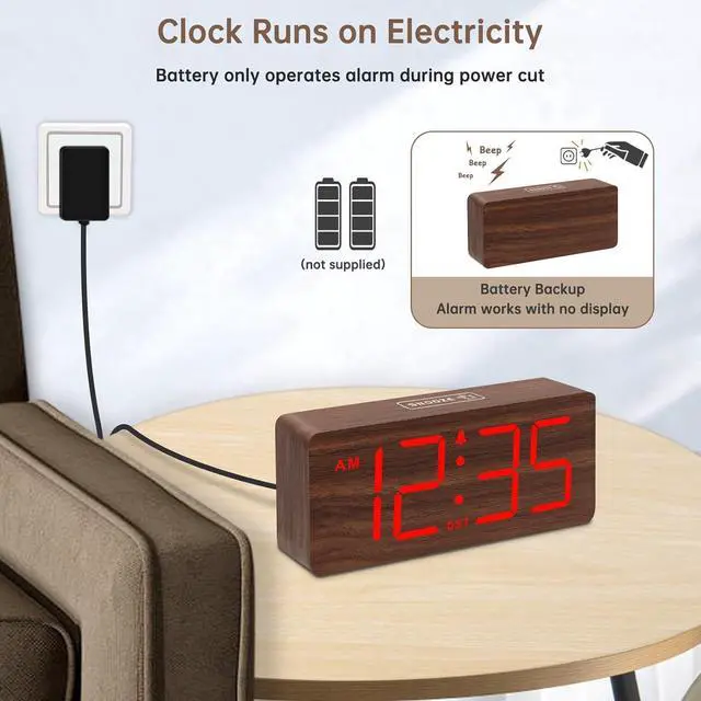 Alt view image 2 of 6 - Eyesoul Wooden Digital Alarm Clock for Bedroom - Desk Clocks with Large Numbers for Living Room, Office, Dimmer, Loud Alarm for Heavy Sleepers with Volume Control, DST, Wood Decor (Adapter Powered)