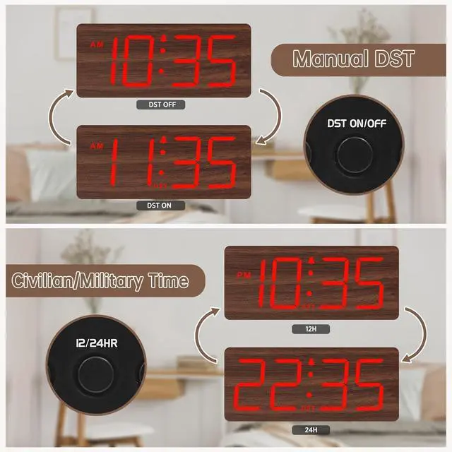 Alt view image 5 of 6 - Eyesoul Wooden Digital Alarm Clock for Bedroom - Desk Clocks with Large Numbers for Living Room, Office, Dimmer, Loud Alarm for Heavy Sleepers with Volume Control, DST, Wood Decor (Adapter Powered)