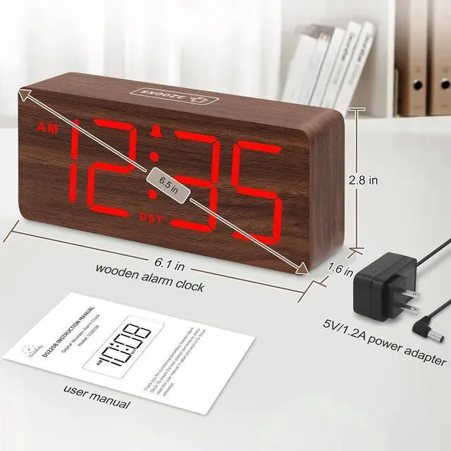 Alt view image 6 of 6 - Eyesoul Wooden Digital Alarm Clock for Bedroom - Desk Clocks with Large Numbers for Living Room, Office, Dimmer, Loud Alarm for Heavy Sleepers with Volume Control, DST, Wood Decor (Adapter Powered)
