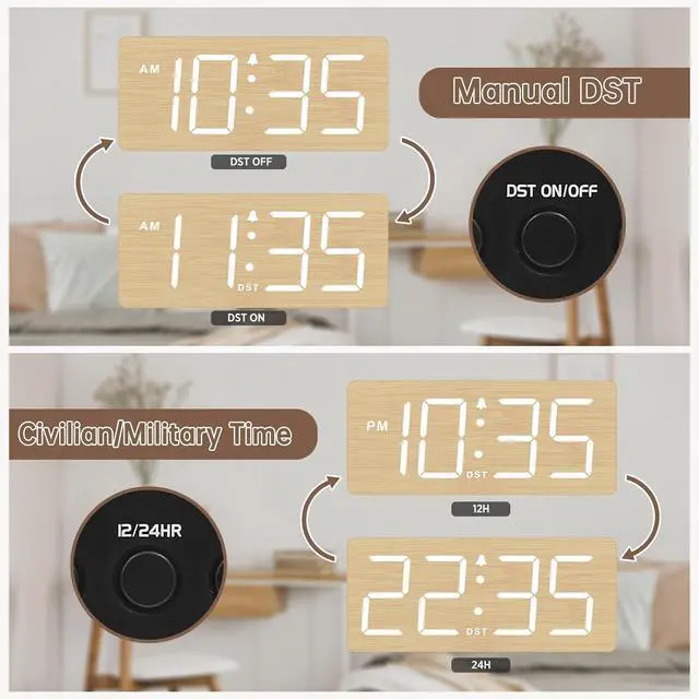 Alt view image 5 of 6 - Eyesoul Wooden Digital Alarm Clock for Bedroom - Desk Clocks for Living Room with Large Numbers, Dimmer, Loud Alarm for Heavy Sleepers with Volume Control, DST, Office Wood Decor (Adapter Powered)