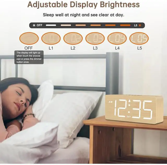 Alt view image 4 of 6 - Eyesoul Wooden Digital Alarm Clock for Bedroom - Desk Clocks for Living Room with Large Numbers, Dimmer, Loud Alarm for Heavy Sleepers with Volume Control, DST, Office Wood Decor (Adapter Powered)
