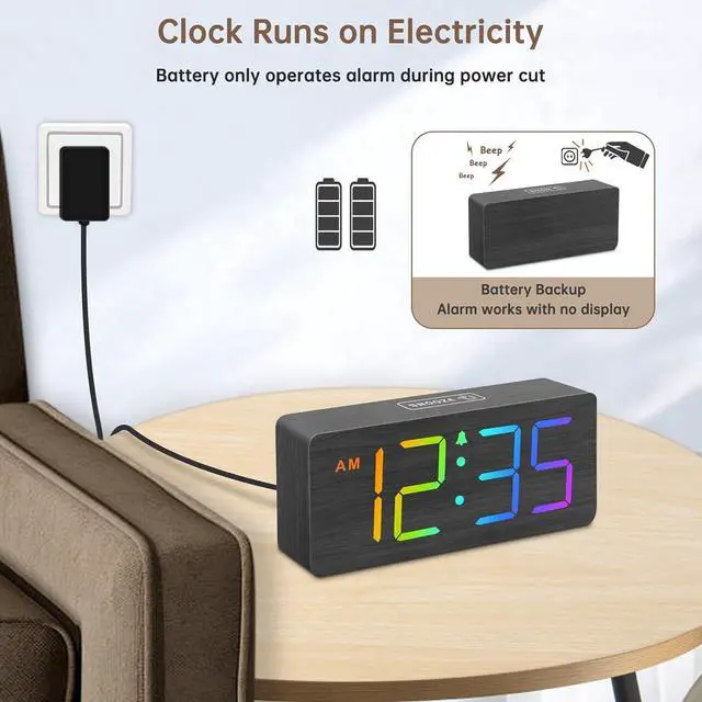 Alt view image 3 of 6 - Eyesoul Wooden Digital Clock for Bedroom Desk - RGB Loud Alarm Clock for Heavy Sleepers with Volume Control, Large Numbers with Dimmer for Living Room Office, Wood Decor (Adapter Powered)