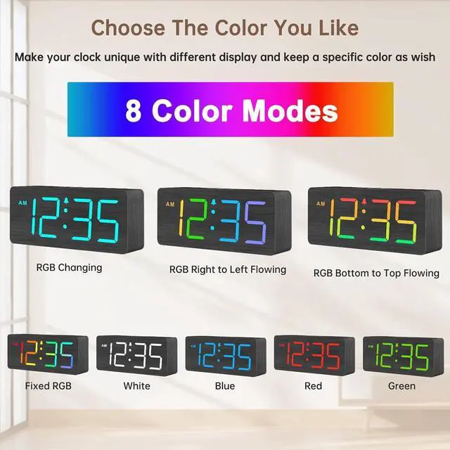 Alt view image 2 of 6 - Eyesoul Wooden Digital Clock for Bedroom Desk - RGB Loud Alarm Clock for Heavy Sleepers with Volume Control, Large Numbers with Dimmer for Living Room Office, Wood Decor (Adapter Powered)