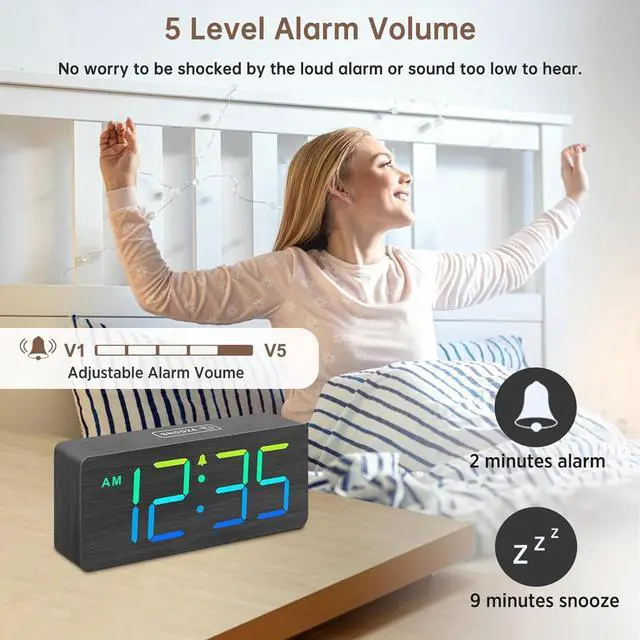 Alt view image 4 of 6 - Eyesoul Wooden Digital Clock for Bedroom Desk - RGB Loud Alarm Clock for Heavy Sleepers with Volume Control, Large Numbers with Dimmer for Living Room Office, Wood Decor (Adapter Powered)