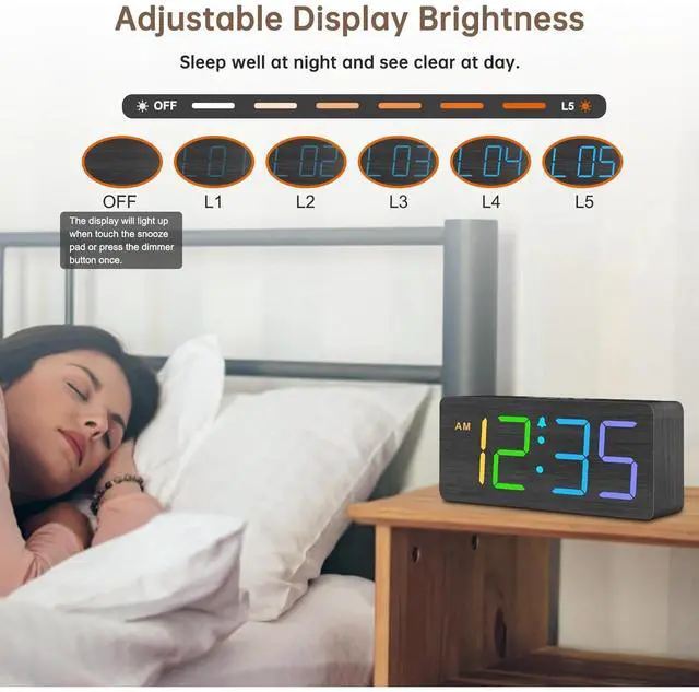 Alt view image 5 of 6 - Eyesoul Wooden Digital Clock for Bedroom Desk - RGB Loud Alarm Clock for Heavy Sleepers with Volume Control, Large Numbers with Dimmer for Living Room Office, Wood Decor (Adapter Powered)