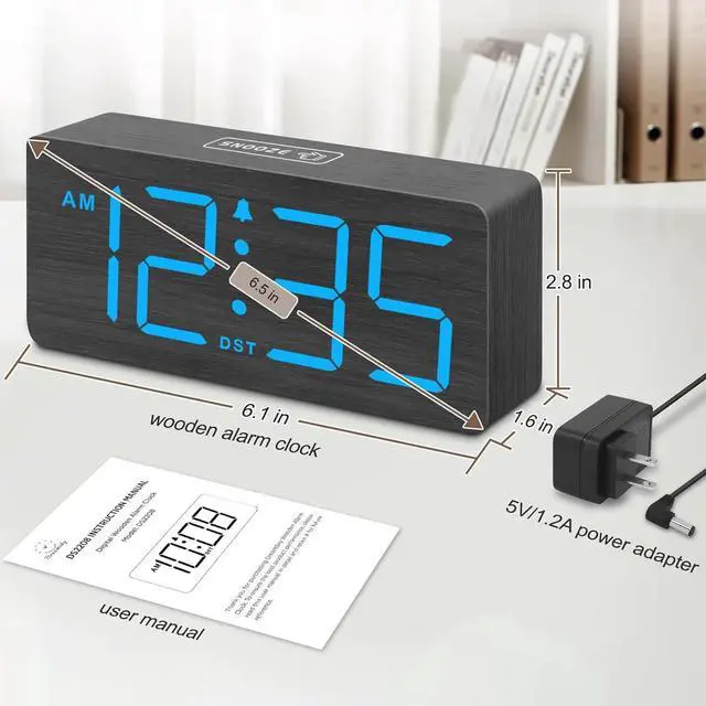 Alt view image 6 of 6 - Eyesoul Wooden Digital Alarm Clock for Bedroom - Desk Clocks for Living Room with Large Numbers, Dimmer, Loud Alarm for Heavy Sleepers with Volume Control, DST, Office Wood Decor (Adapter Powered)