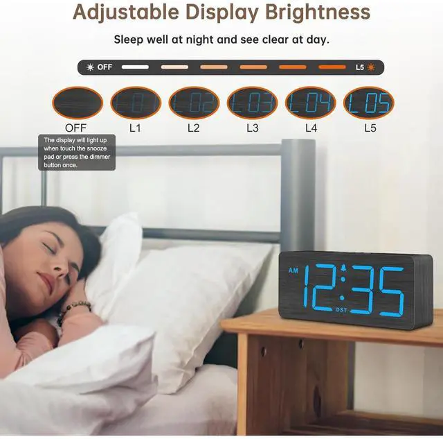 Alt view image 4 of 6 - Eyesoul Wooden Digital Alarm Clock for Bedroom - Desk Clocks for Living Room with Large Numbers, Dimmer, Loud Alarm for Heavy Sleepers with Volume Control, DST, Office Wood Decor (Adapter Powered)