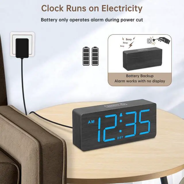 Alt view image 2 of 6 - Eyesoul Wooden Digital Alarm Clock for Bedroom - Desk Clocks for Living Room with Large Numbers, Dimmer, Loud Alarm for Heavy Sleepers with Volume Control, DST, Office Wood Decor (Adapter Powered)