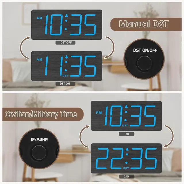 Alt view image 5 of 6 - Eyesoul Wooden Digital Alarm Clock for Bedroom - Desk Clocks for Living Room with Large Numbers, Dimmer, Loud Alarm for Heavy Sleepers with Volume Control, DST, Office Wood Decor (Adapter Powered)
