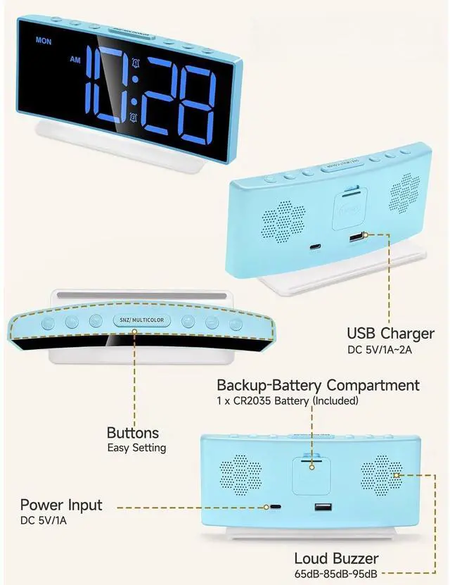 Alt view image 6 of 6 - Eyesoul Loud Alarm Clock for Heavy Sleepers Adults,Kids,Teens,Digital Desk Clock with USB Port,Large Numbers,7 Color Night Light,Modern Electronic Plug in Simple Clock for Bedroom(Blue+Dynamic)