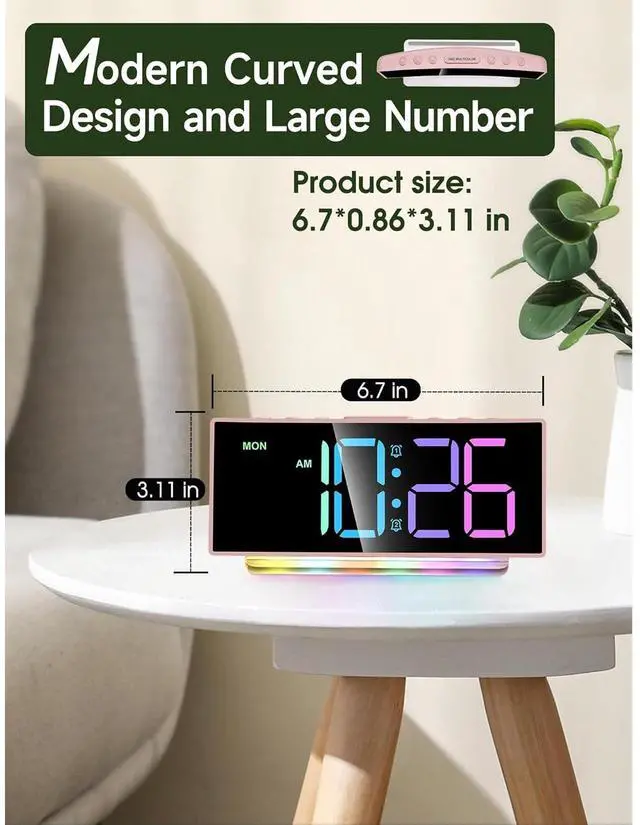 Alt view image 2 of 6 - Eyesoul Modern Curved Cute Digital Alarm Clock,Colorful Led Display,Adjustable Volume,Weekday/Weekend Mode,Simple Clock for Bedrooms Bedside,Ok to Wake Up for Girls,Kids,Teens (Pink+Dynamic)