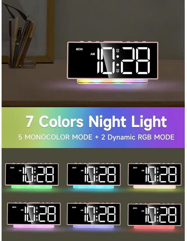 Alt view image 3 of 6 - Eyesoul Modern Curved Cute Digital Alarm Clock,Colorful Led Display,Adjustable Volume,Weekday/Weekend Mode,Simple Clock for Bedrooms Bedside,Ok to Wake Up for Girls,Kids,Teens (Pink+Dynamic)