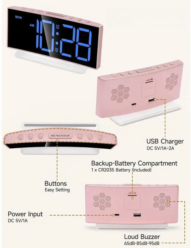 Alt view image 6 of 6 - Eyesoul Modern Curved Cute Digital Alarm Clock,Colorful Led Display,Adjustable Volume,Weekday/Weekend Mode,Simple Clock for Bedrooms Bedside,Ok to Wake Up for Girls,Kids,Teens (Pink+Dynamic)