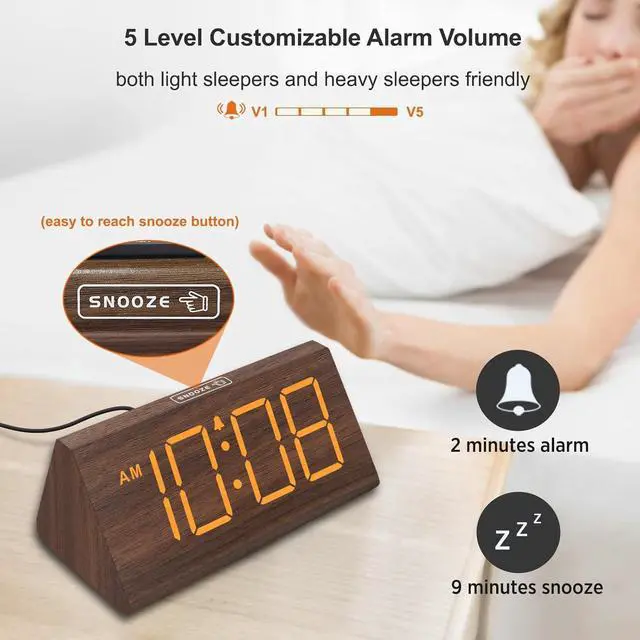 Alt view image 6 of 6 - Eyesoul Wooden Digital Alarm Clocks for Bedrooms - Electric Desk Clock with Large Numbers, USB Port, Loud Alarm for Heavy Sleepers, Adjustable Volume, Dimmer, Snooze, DST, Wood Décor, Adapter Powered