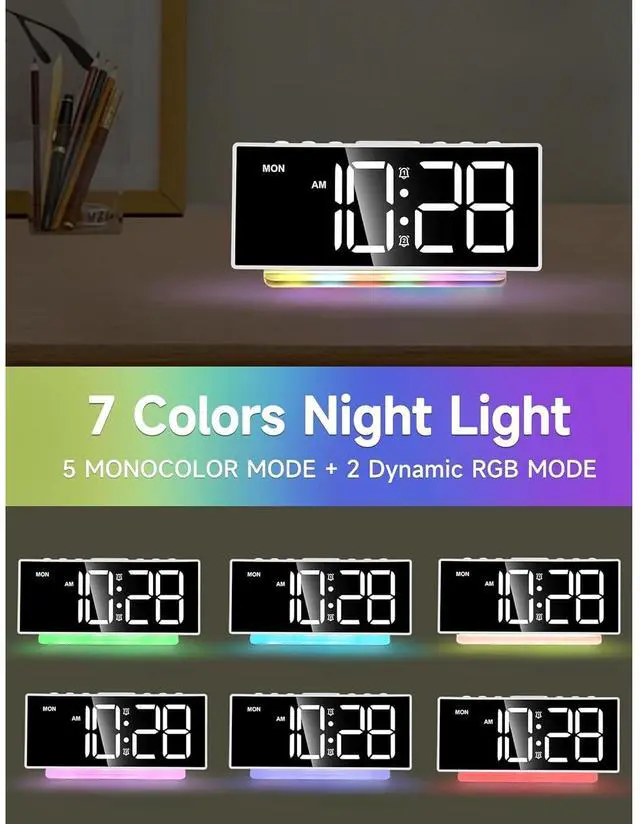 Alt view image 3 of 6 - Eyesoul Loud Alarm Clocks for Heavy Sleepers,Adults,Kids,Teens,Large Digital Display,7 Color Night Light,Adjustable Volume,Battery Backup,Small Bedside Clocks for Bedrooms (White+Dynamic)