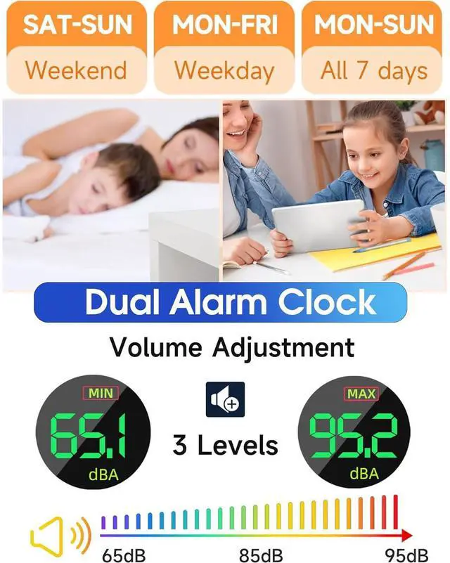 Alt view image 5 of 6 - Eyesoul Loud Alarm Clocks for Heavy Sleepers,Adults,Kids,Teens,Large Digital Display,7 Color Night Light,Adjustable Volume,Battery Backup,Small Bedside Clocks for Bedrooms (White+Dynamic)