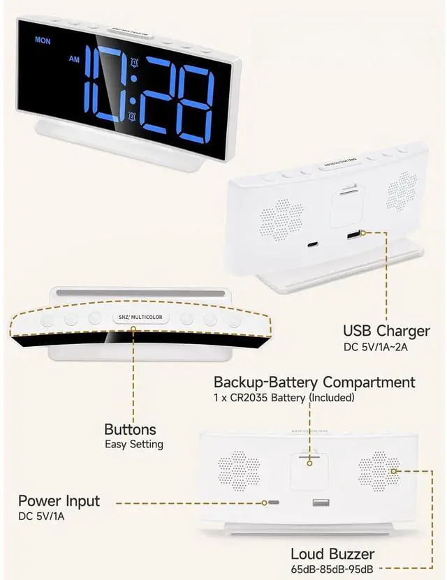 Alt view image 6 of 6 - Eyesoul Loud Alarm Clocks for Heavy Sleepers,Adults,Kids,Teens,Large Digital Display,7 Color Night Light,Adjustable Volume,Battery Backup,Small Bedside Clocks for Bedrooms (White+Dynamic)
