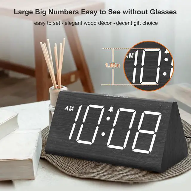 Alt view image 2 of 6 - Eyesoul Wooden Digital Alarm Clocks for Bedrooms - Electric Desk Clock with Large Numbers, USB Port, Loud Alarm for Heavy Sleepers, Adjustable Volume, Dimmer, DST, Wood Décor Gifts, Adapter Powered