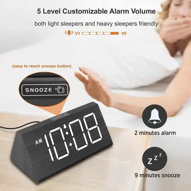 Alt view image 6 of 6 - Eyesoul Wooden Digital Alarm Clocks for Bedrooms - Electric Desk Clock with Large Numbers, USB Port, Loud Alarm for Heavy Sleepers, Adjustable Volume, Dimmer, DST, Wood Décor Gifts, Adapter Powered